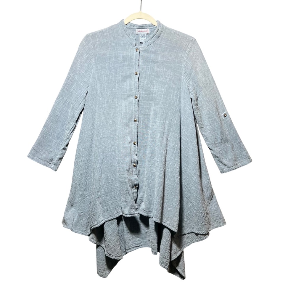 XCVI Wearables Cotton Gauze Tunic Top Lagenlook Blue Button Front Sharkbite S